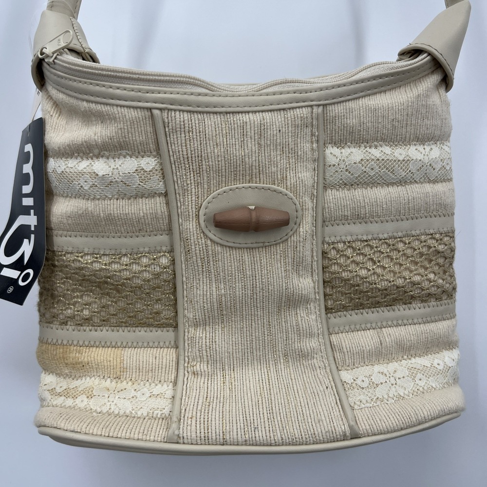 VTG Canvas Bag Purse Textured Lace Striped Shoulder Cottagecore Boho Mitzi‎